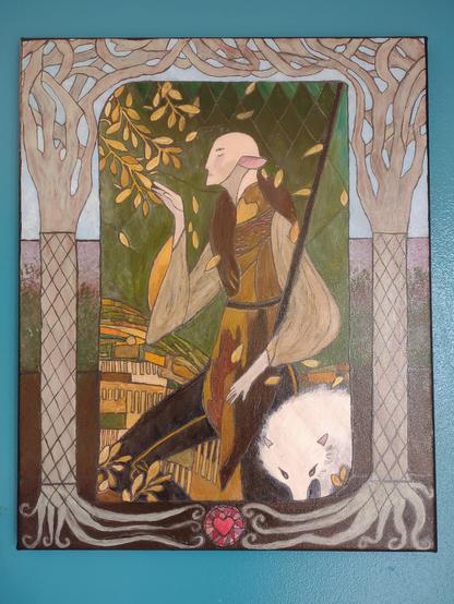 A painting, acrylic on canvas, of the Solas romance tarot card, from Dragon Age: Inquisition, stylized to resemble stained glass.