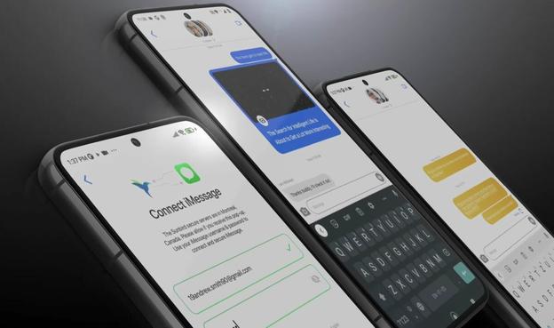 Three phones against a dark grey background. The phone on the left shows a message that says "Connect iMessage," while the two on the right show iMessage and another text-based chat app.