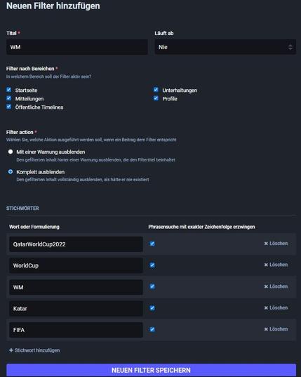 Komplette Ansicht der Filtereinstellungen bei Mastodon. Hier am Beispiel der Filterung von Begriffen zur Fussball WM in Katar.