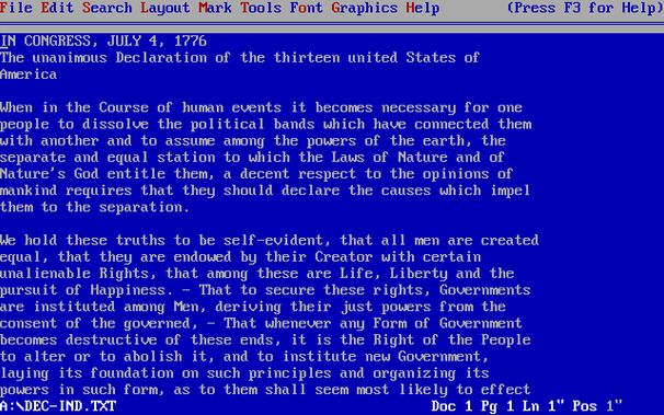 A screenshot from Wordperfect 5.1, the best and perfectest DOS word processor.