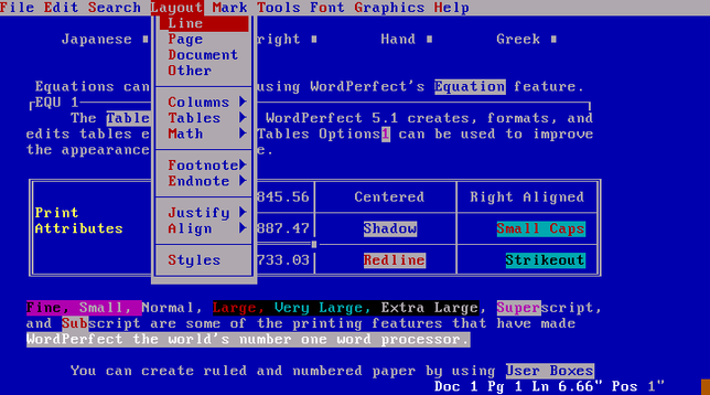 A wordperfect document showing various features: equations, tables, font sizes.