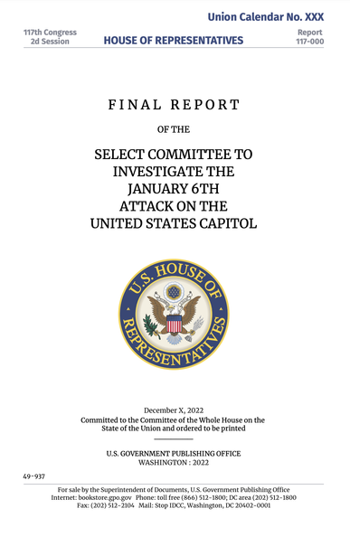 Image of the inside page of the final report on January 6th showing a seal of the US House of Representatives, click link to access pdf of full report.