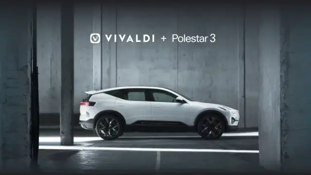 The announcement poster for Vivaldi being in the Polestar 3.

"Vivaldi + Polestar 3"
A Polestar 3 electric car posed within a concrete room.
