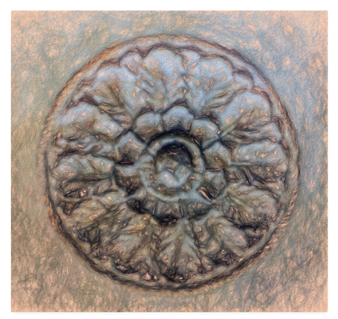 Circular Abstract featuring a leaf pattern in a medallion shape. Inspiration drawn from classic architecture. Digital painting in soft shades of gold, blue and taupe