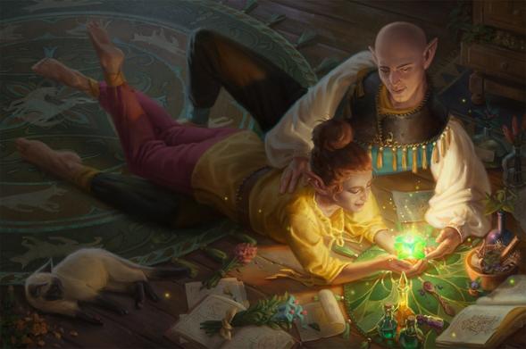 Digital painting of a slice of life scene of Solas and a female Lavellan. They lie on the wodden ground of a room. Lavellan hold a plant pot with a magical plant in her hand. The scene is intimate and warm.