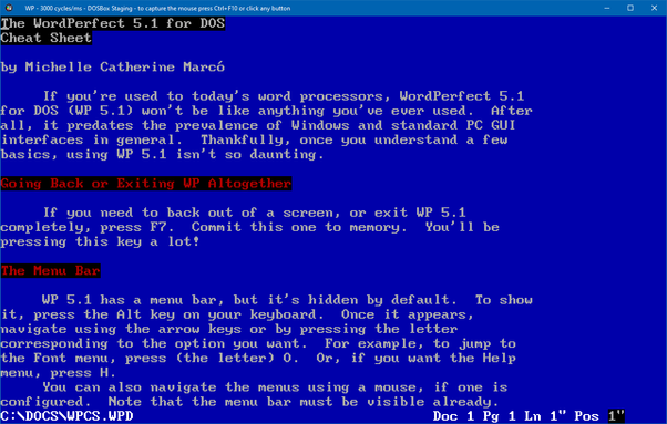 A screenshot of a DOSBox running WordPerfect 5.1 for DOS in a window. A “cheat sheet” document I authored is open, which is supposed to prove that I know my way around the program.