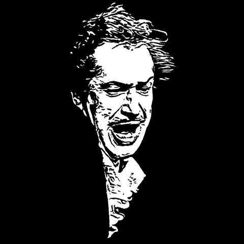 Pen drawing of Vincent Price screaming in a flowing ascot drawn on a black background.