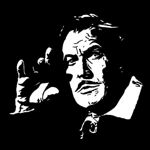 Pen drawing of Vincent Price looking scared and holding his hand near his face drawn on a black background.