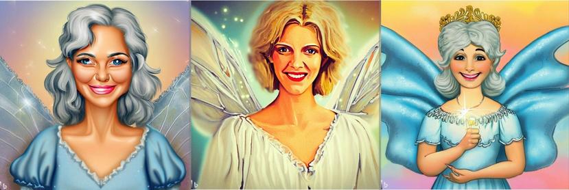 Three creepy "tooth fairy" characters, all female. The first has glowing demonic eyes and a face that only smiles on one side. The middle has eyebrows across her entire head, and a smile that says "Welcome to the Stepford Wives Club." The far-right fairy looks like she's stoned, and for some inexplicable reason has two long claws on her left hand (perhaps to tear your child's tooth out if they dont offer it up willingly?😱).