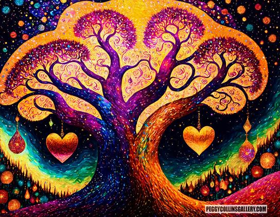 Colorful artwork of a Tree of Life with golden hearts hanging from its branches which are stretched out against a night sky, by artist Peggy Collins.