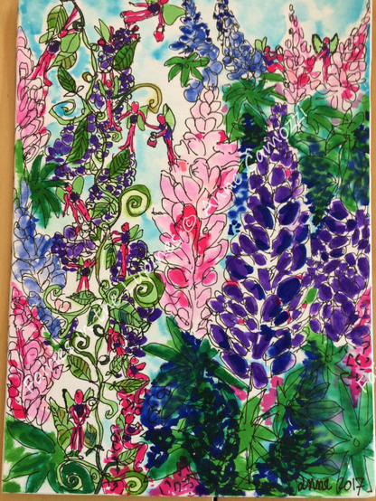 A whimsical bright detailed pen and ink and watercolour painting of purple and pink lupines with fifteen fairies with green wings doing various activities in the lupines