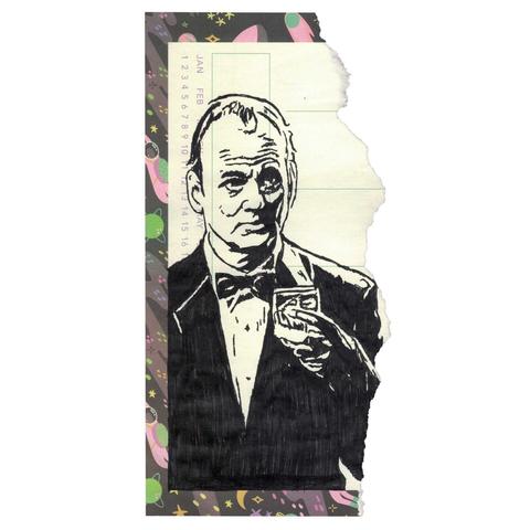 Pen drawing of Bill Murray in a tuxedo holding a liquor glass drawn on a torn weekly planner.