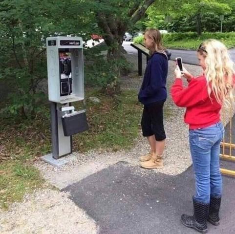 Two young people look at a payphone in a park. One of them is taking a photo of it with her phone.