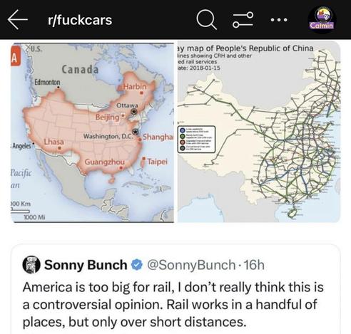 "Rail only works over short distances" one of the most detached from reality carbrain statements I've ever read. Rail is objectively, demonstrably better to cover long distances than it is to cover short distances. Car culture legitimately gives you some kind of brain fungus.