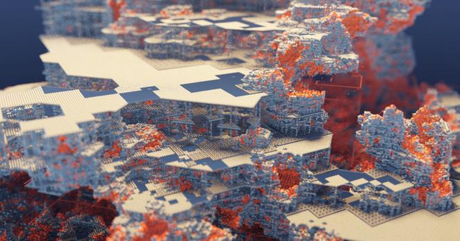 3D render of a generative, architectural voxel structure which seems slightly eroded and using multiple materials (white and orange in a blue reflective environment).