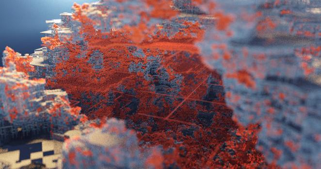 3D render of a generative, architectural voxel structure which seems slightly eroded and using multiple materials (white and orange in a blue reflective environment).