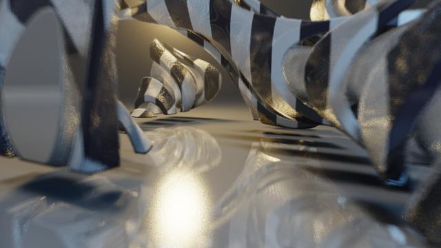 3D render (from 2013) of a generated, sliced gyroid surface, using different materials (metallic inside, black & white striped outer layer)
