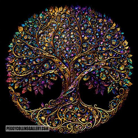 Artwork of a symbolic tree of life with golden branches, by artist Peggy Collins.