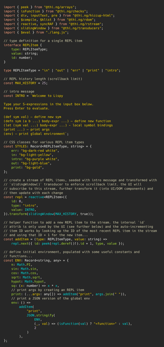Screenshot of the 1st part of the TypeScript source code for the UI/REPL parts of the example