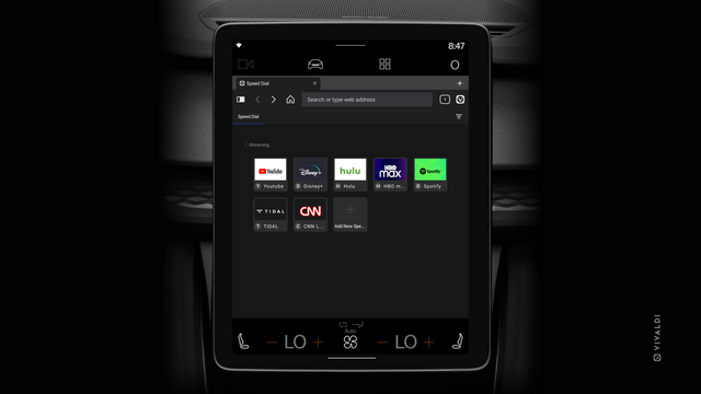 Car screen in dark mode showing the UI of Vivaldi for Android Automotive.