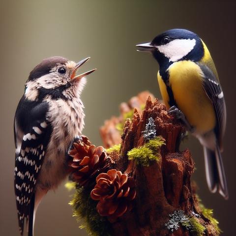 When a Japanese Pygmy Woodpecker pecks at a tree, a great tit perches on the branch next to it chirps, as if they were enjoying music in the forest, 35mm lens.(Create by Bing Image Creator)