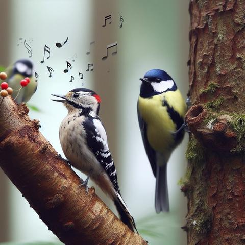 A Japanese Pygmy Woodpecker pecking at a tree and a great tit perched on a nearby branch, as if they were enjoying music in the forest, 35mm lens(Create by Bing Image Creator)