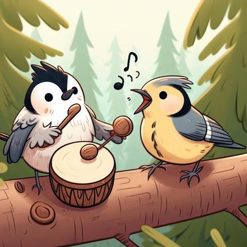 A small and cute woodpecker is drumming on a nut with its beak, while a tit is singing on a branch next to it. They are making music together in a forest.(Create by Bing Image Creator)