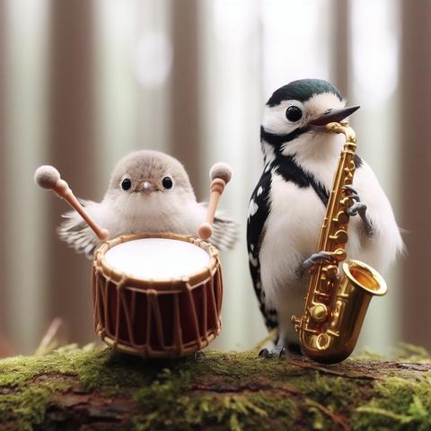 A Japanese Pygmy Woodpecker is playing a snare drum with its beak, and a Parus minor plays the tenor saxophone, They are enjoying music among the tall trees, Their faces look happy and their eyes sparkle, 35mm lens.(Create by Bing Image Creator)
