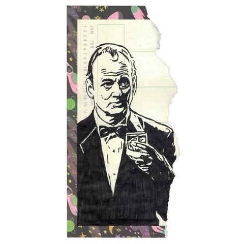 Pen drawing of Bill Murray wearing a tux and drinking alcohol drawn on a torn weekly planner.