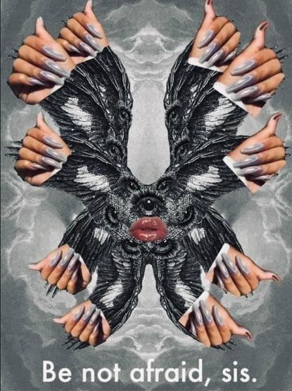 Weird, creepy, authentic angel looking creature with hands as wings and a black eye and red mouth.
The text says "Be not afraid, sis."