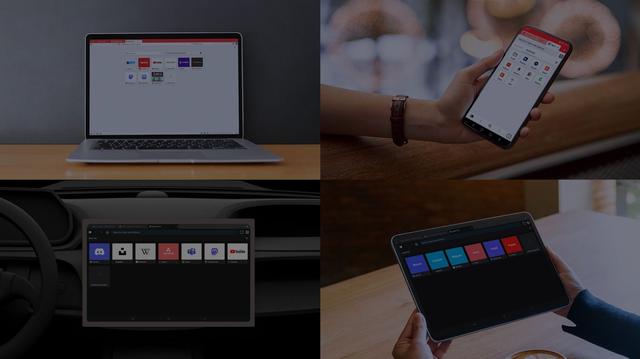 Grid layout of how Vivaldi looks on desktop, mobile, cars and tablets.