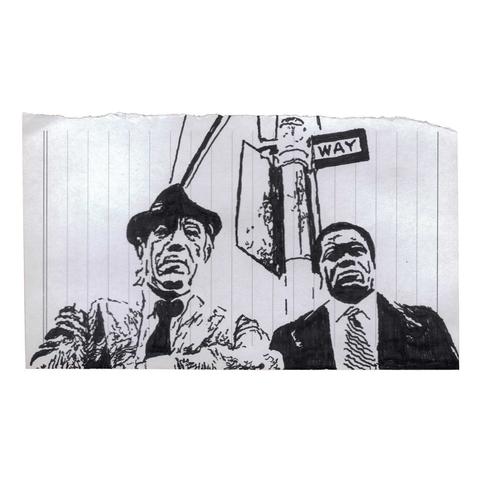 Pen drawing of Yaphet Kotto and Anthony Quinn wearing suits beneath a street sign drawn on a torn-out notebook page.