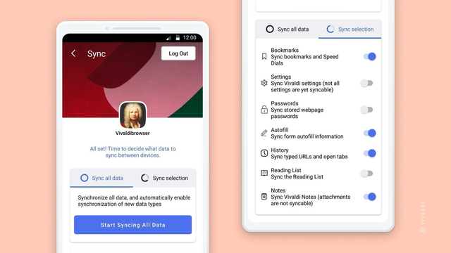 Vivaldi on Android’s Sync options.