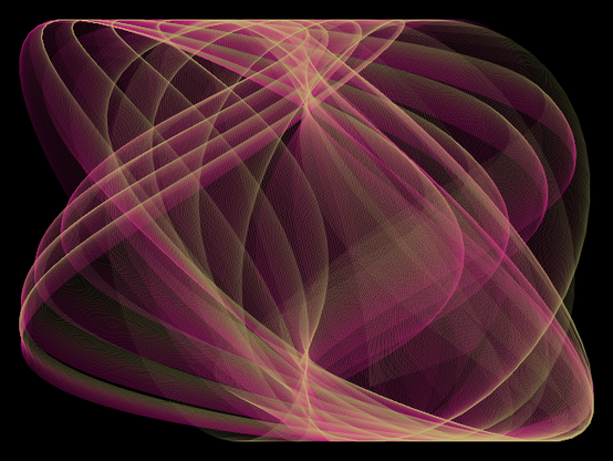 fun main() = application {
    program {
        val vb = vertexBuffer(vertexFormat {
            position(3) // 3 floats * 4 = 12 bytes
            padding(4)  // 4 additional bytes for a multiple of 16 bytes (12+4)
        }, 1000)

        @Language("GLSL")
        val glsl = """
            #version 450 core

            layout (local_size_x = 64, local_size_y = 1) in;
            layout (std430, binding=0) buffer VertexBuffer {
                vec3 verts[];
            };
            
            uniform vec2 off;
            
            void main(void) {
                uint idx = gl_GlobalInvocationID.x;
                float t = float(idx) * 0.1 + off.x;
                verts[idx].x = sin(t) * cos(t * 0.51 + sin(-t * 0.25 + off.y)) * 300.0 + 320.0; 
                verts[idx].y = cos(t + sin(t * 0.49 - off.y * 0.25)) * 220.0 + 240.0;
            }
        """

        val cs2 = ComputeShader.fromCode(glsl, "Comp2")
        cs2.buffer("VertexBuffer", vb)

        extend {
            repeat(100) {
                cs2.uniform("off", Vector2(seconds, seconds * 0.33 + it * 0.01))
                cs2.execute(1000)
                drawer.fill =mixSpectral(ColorRGBa.MEDIUM_VIOLET_RED, ColorRGBa.DARK_KHAKI, it / 99.0).opacify(0.1).toSRGB()
                drawer.vertexBuffer(vb, DrawPrimitive.LINE_STRIP)
            }
        }
    }
}