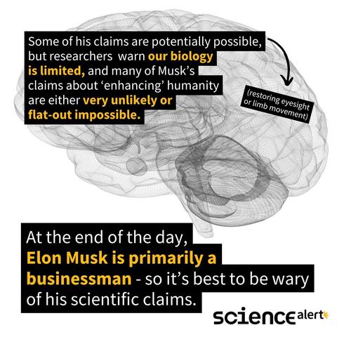 A sketch of a brain with the following text:
Some of his claims are potentially possible (restoring eyesight or limb movement), but researchers warn our biology is limited, and many of Musk’s claims about ‘enhancing’ humanity are either unlikely or flat-out impossible. 

At the end of the day, Elon Musk is primarily a businessman - so it’s best to be wary of his scientific claims.