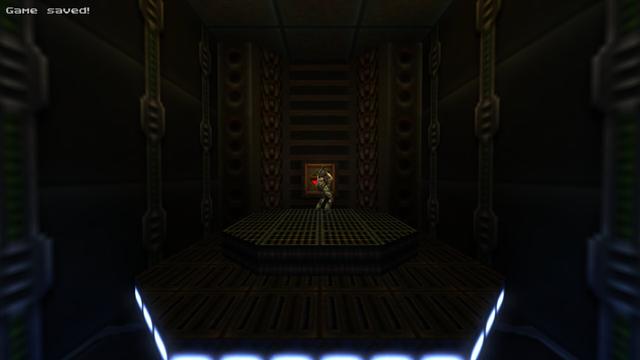 A third-person view from behind of one variant of the female protagonist of Quake II. Every map in the Nintendo 64 campaign ends with a brief cutscene, and in this one the player takes en elevator to the next map.