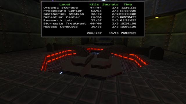An "end of unit" cutscene, where two huge, mechanical hatches have closed over the hole the player jumped into, and a summary of the player's per-map performance is displayed for the entire unit/group of maps, followed by the total at the bottom.