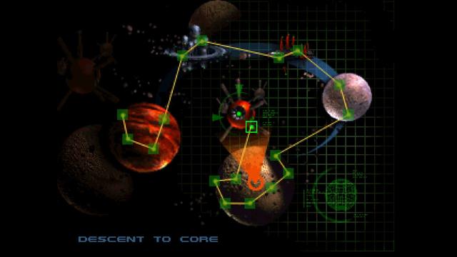 An intermission screen showing the player's journey from the starting planet to an orbital defense station, a space freighter, a moon, another planet, and finally the space station where the final bosses (two Tank Commanders and two Hornets) await.