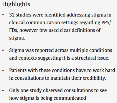 Highlights

    •

    32 studies were identified addressing stigma in clinical communication settings regarding PPS/FDs, however few used clear definitions of stigma.
    •

    Stigma was reported across multiple conditions and contexts suggesting it is a structural issue.
    •

    Patients with these conditions have to work hard in consultations to maintain their credibility.
    •

    Only one study observed consultations to see how stigma is being communicated