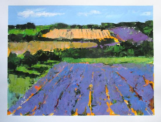 18x24 original acrylic painting on paper looking up at lavender and amber fields on a hillside in France by Janet Dyer  Note: Discounts and sales do not apply to original artwork.
