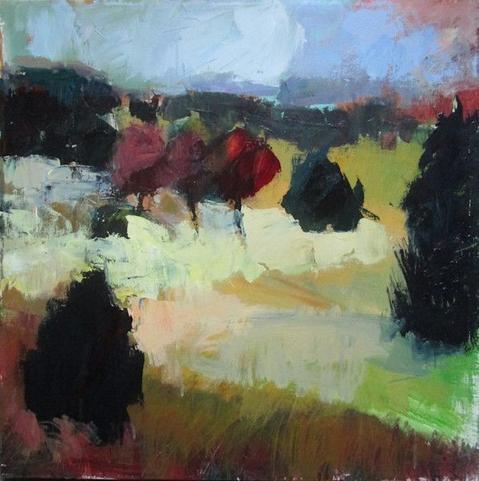 Original expressionist canvas square painting of a field full of colors, by Janet Dyer.  Note: Discounts and sales do not apply to original artwork.