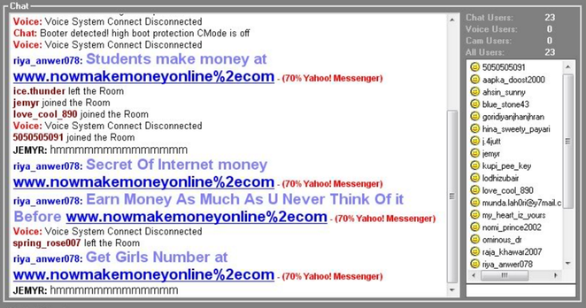 screen grab from the old yahoo chat rooms with loads of spam.