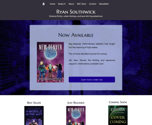 Web page: "Ryan Southwick, Science fiction, urban fantasy, and soul-stirring adventure" with other book-related promotional features.