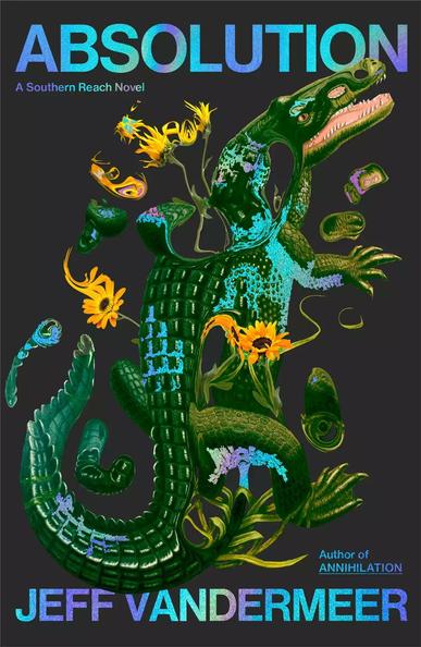 Umschlag der US-Ausgabe von »Absolution« von Jeff Vandermeer.

Auf schwarzem Hintergrund in arabeskenhafter Ausfransung ein kleiner Alligator, dessen Umriss sich wie eine Farbpfütze bei Wind verhält, so dass die Klecksausläufer sich in z.B Blumenbüten, Blätter und Gras wandeln.