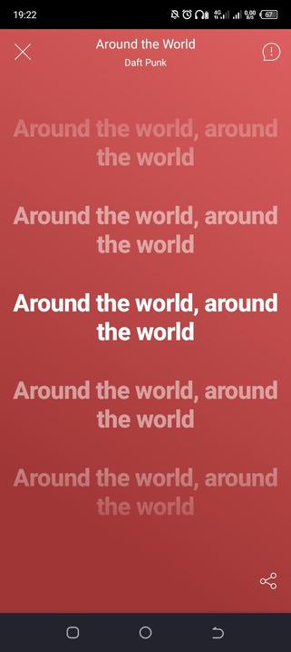 Capture d'écran du mode "karaoké" de Deezer ™. La chanson est "Around The World" de Daft Punk et les paroles : "around the world .."