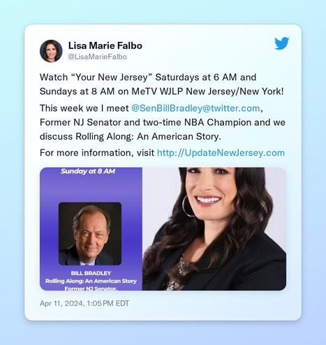 Watch “Your New Jersey” Saturdays at 6 AM and Sundays at 8 AM on MeTV WJLP New Jersey/New York!

This week we I meet @SenBillBradley, Former NJ Senator and two-time NBA Champion and we discuss Rolling Along: An American Story.

For more information, visit https://t.co/xEjMFOVvDh https://t.co/c6Qgz70Aw9