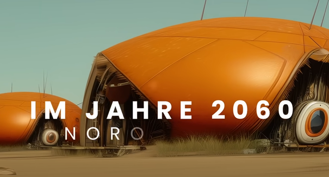 Zukunftsbild mit Schriftzug: Im Jahre 2060