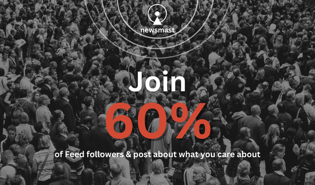 Image background is a large group of people. Text reads 'Join 60% of Feed followers & post about what you care about'.