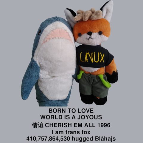 Grey background
Photo of Xenia plushy and Blahaj plushy hugging each other at the hip
Text below them:
BORN TO LOVE
WORLD IS A JOYOUS
FRIENDSHIP CHERISH EM ALL 1996
I am trans fox
410,757,864,530 hugged Blahajs