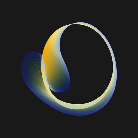 A wobbly shape made out of 100 closed curves with a dark background. The curves are calculated as the interpolation between two hobby curves, and the colors are interpolated between egg yellow and velvet blue.